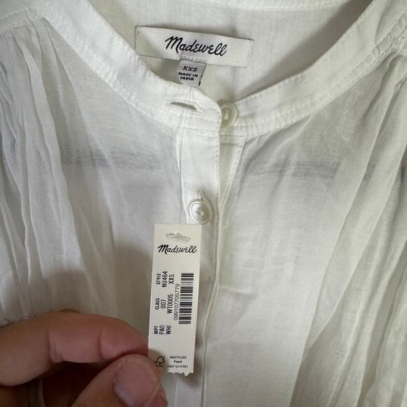 Madewell Shirred Balloon Sleeve Crewneck Button-Up Top Sz 2XS White Lightweight - Picture 5 of 8